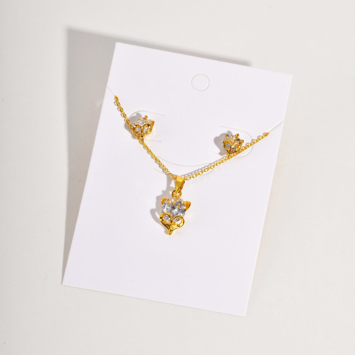 Copper Zircon Fox Necklace – Stud Earrings – Collarbone Chain