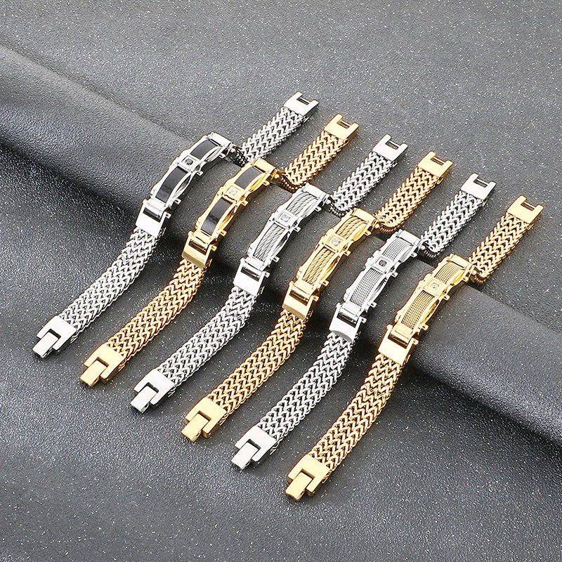 Buckle Front & Back Chain – Hip-Hop Zircon Weiya Line Mesh Curved Bar Stainless Bracelet