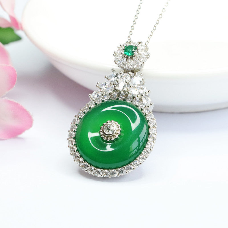 Green Chalcedony Sterling Silver Necklace with Zircon Safety Buckle