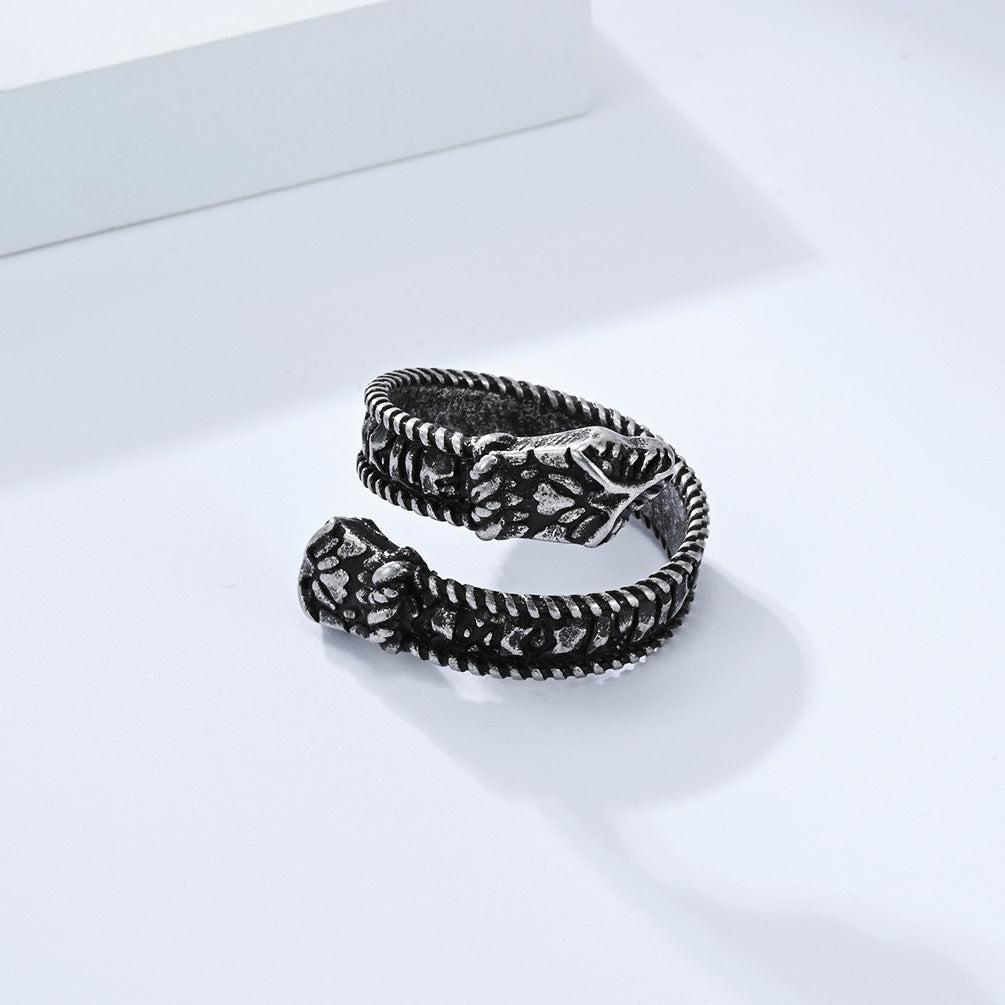 Planderful Viking Double Headed Snake Ring Durable Titanium Steel Retro Rune Unisex Hand Jewelry