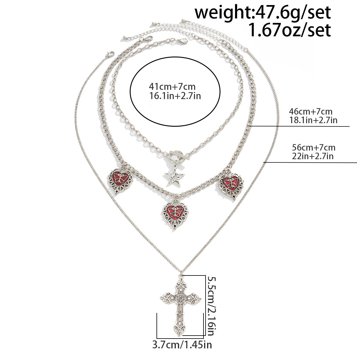 Gothic Red Heart & Cross Layered Necklace
