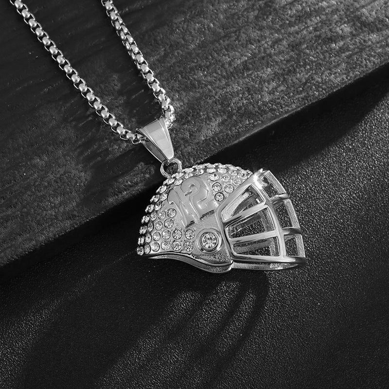 Planderful Everyday Genie Hip Hop Football Helmet Pendant Necklace Premium Gold Plated Titanium Steel Zircon