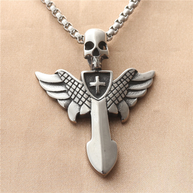 Planderful Durable Titanium Skull Pendant Necklace For Men Unisex Punk Wing Cross Protector