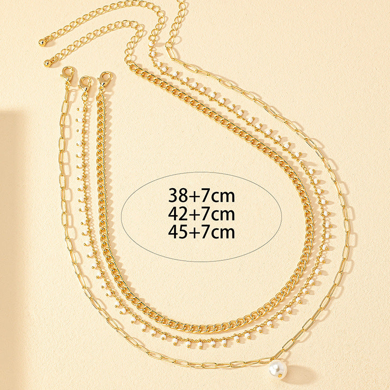 Luxurious Pearl Stacked Necklace Set with Simple Clavicle Chain - Vienna Verve Collection