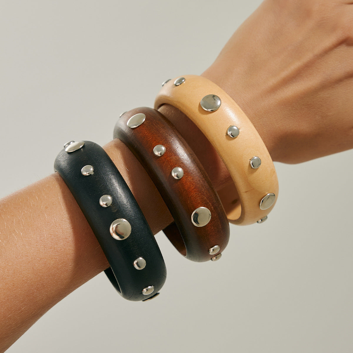 Cold And Exaggerated National Style Wooden Wide Bracelet Star Geometric Rivet Bracelet