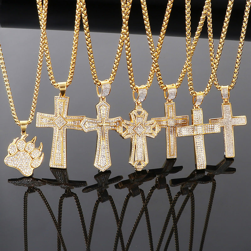 Bear Paw Pendant, Hip-Hop Three-Dimensional Double-Layer Cross Inlaid With Zircon Pendant, Titanium Steel Necklace