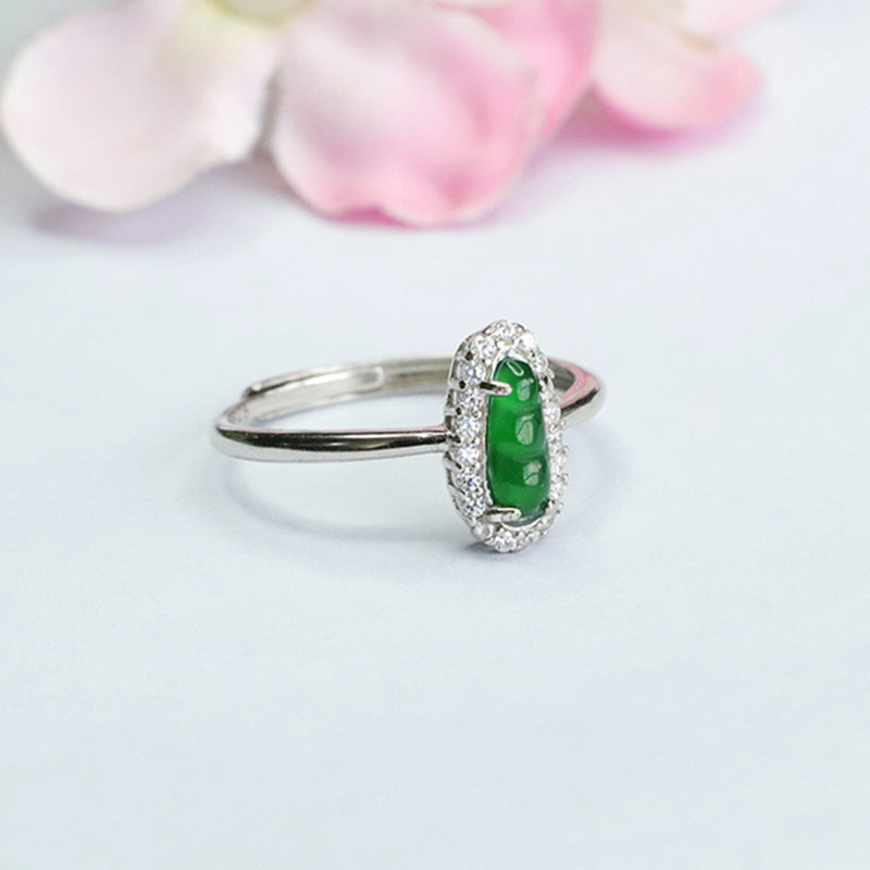 Icy Green Jadeite Bean 925 Silver Adjustable Ring