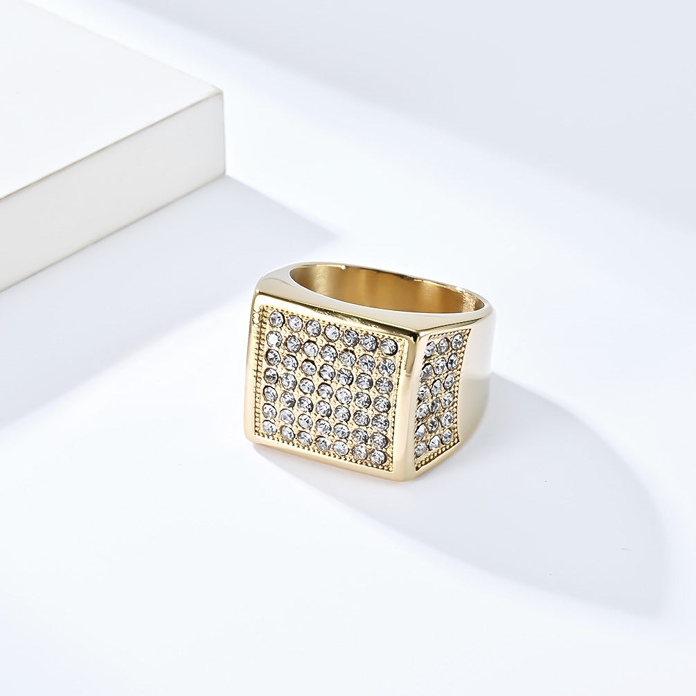 Planderful Mens Hip Hop Titanium Steel Ring Gold Plated Zircon Bold Statement Jewelry For Him