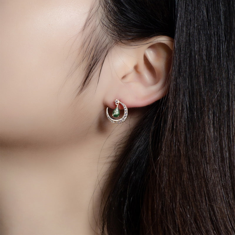 S925 Sterling Silver Moss Agate & Zircon Crescent Moon Stud Earrings