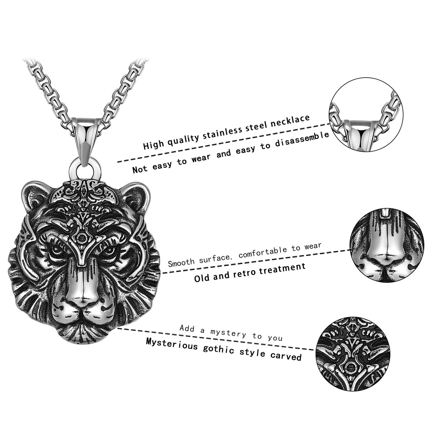 Steel Necklace - Statement Men's Tiger Head Pendant In Industrial Stainless Steel For Daily Wear Planderful