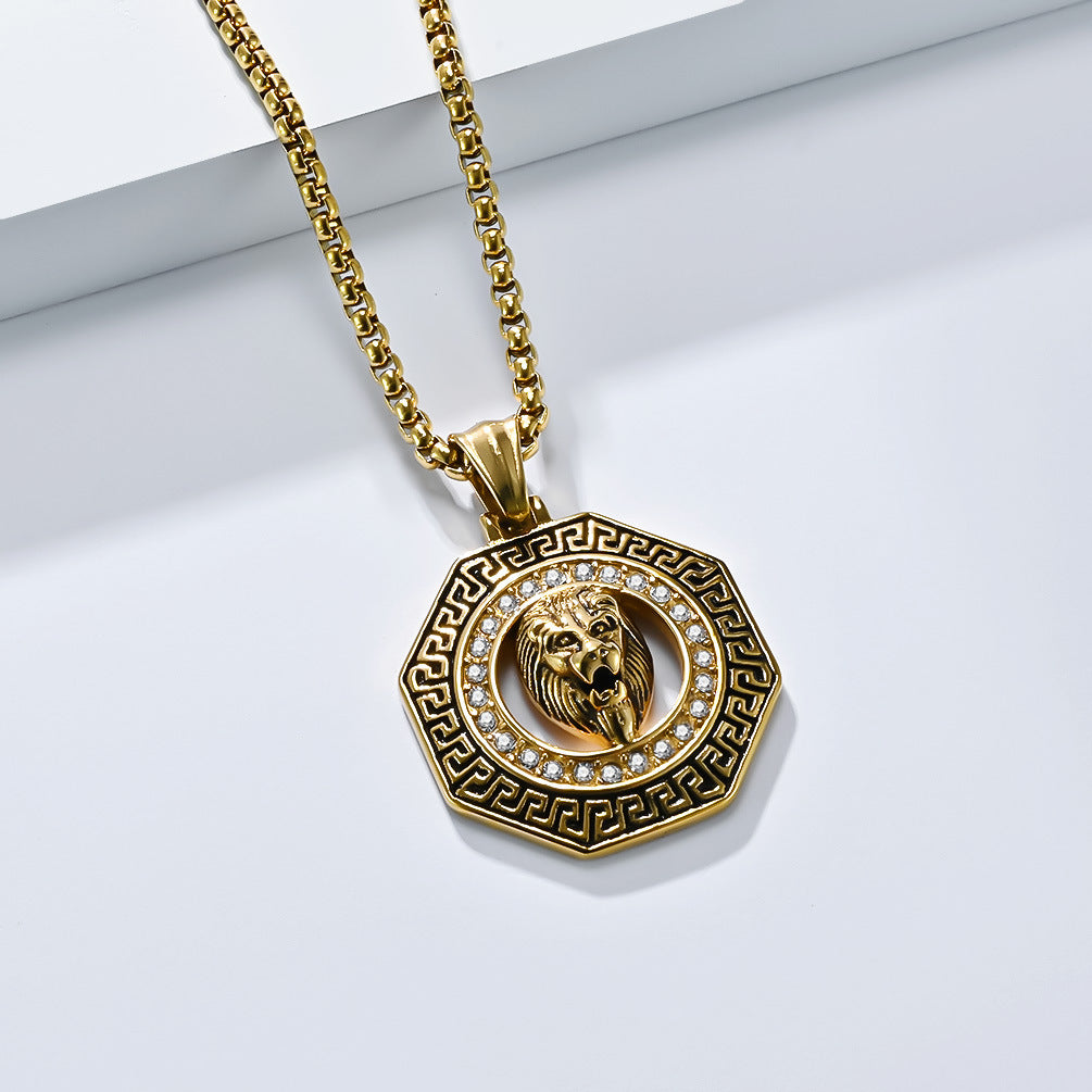 Steel Necklace – Statement Hip Hop Lion Head Zircon Inlay Pendant For Bold Everyday Style