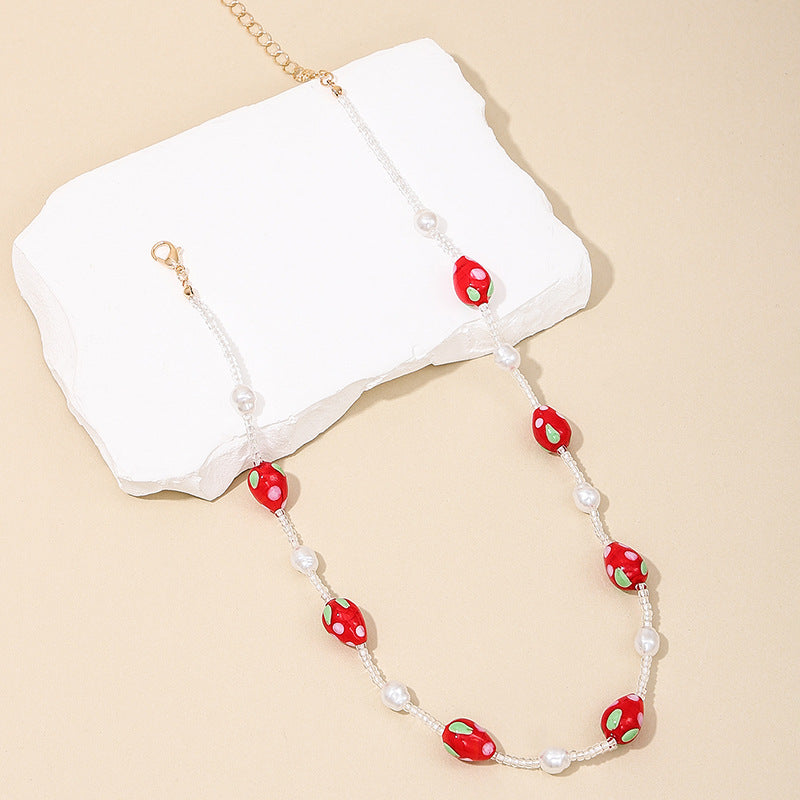 Sweet Strawberry Heart Necklace with Pearl Detail