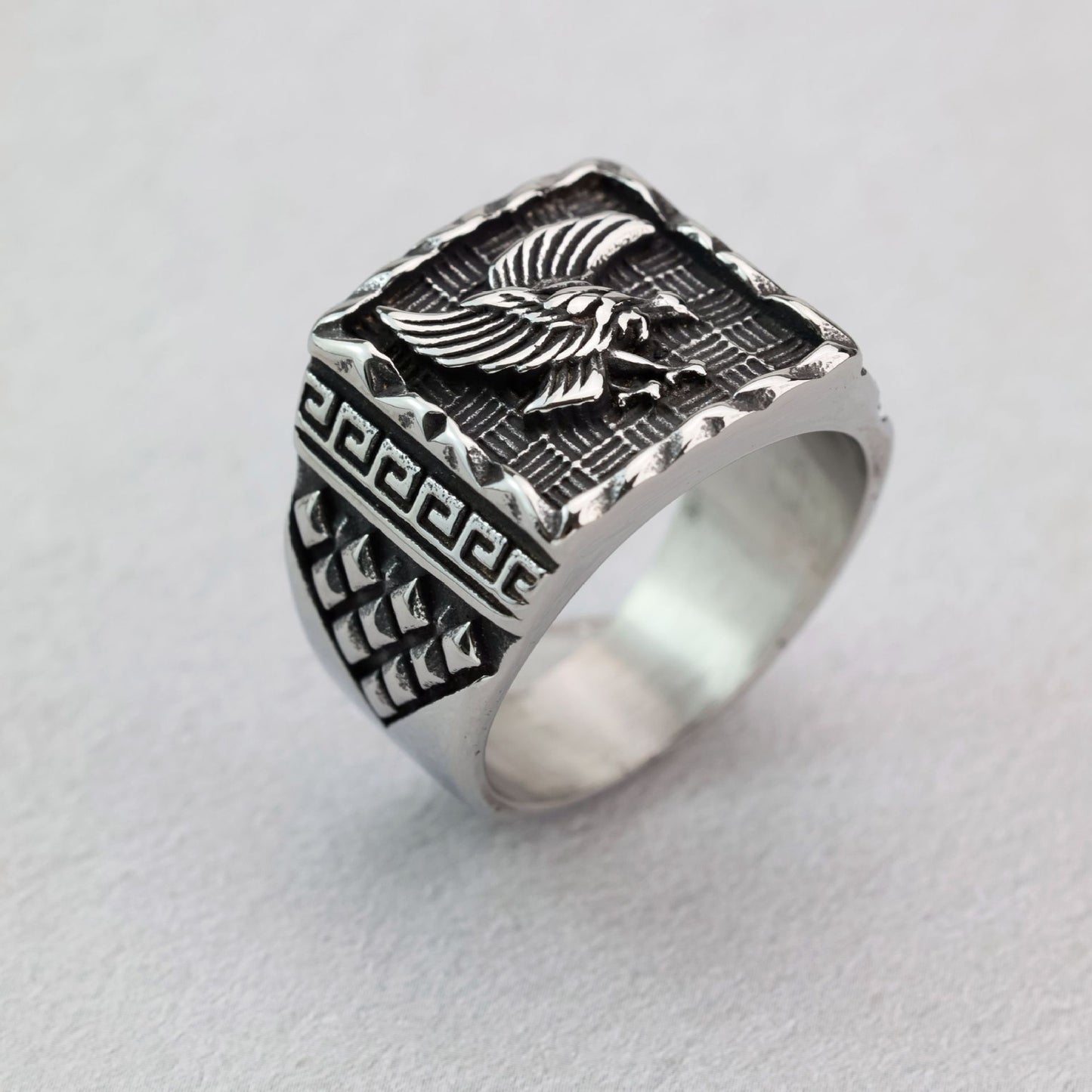 Stainless Steel Eagle Ring Great Wall Pattern Unisex Retro Square Timeless Bold Jewelry By Planderful