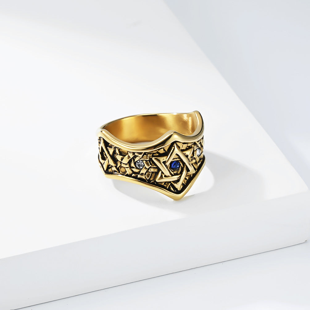Planderful Hexagram Ring Titanium Steel Inlaid Blue Zircon Star Of David Retro Unisex Jewelry