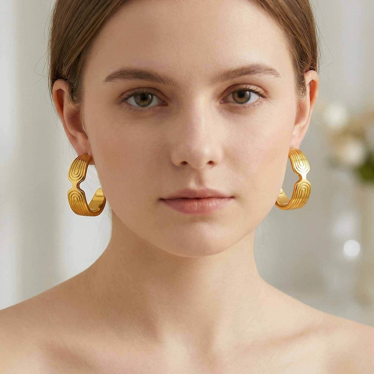 Gold-Tone Sculptural Grooved Open Hoop Earrings