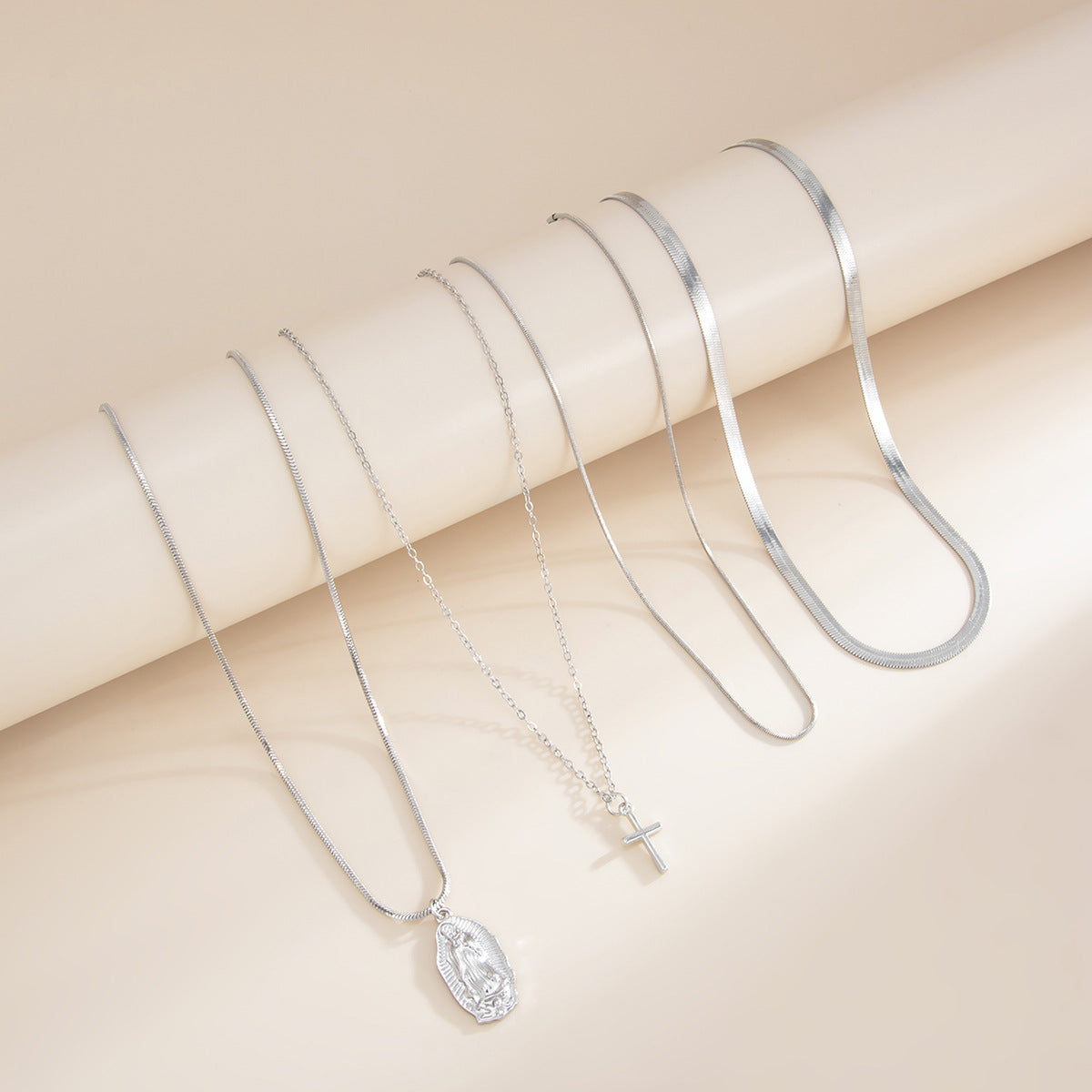 Portrait & Cross Layered Chain Necklace Set