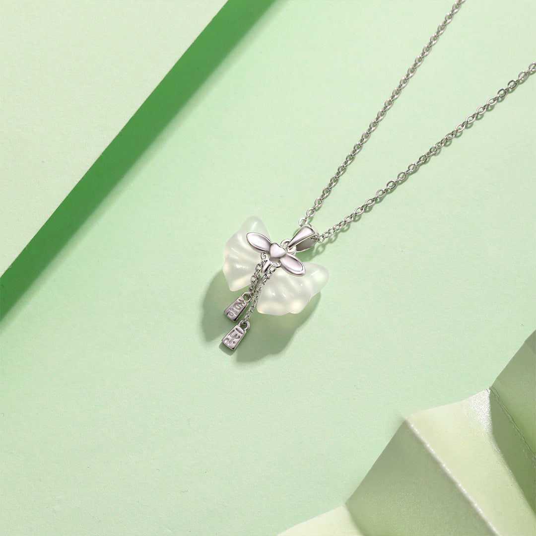 Planderful S925 Sterling Silver Butterfly Ice Chalcedony Necklace for Women Elegant Clavicle Chain