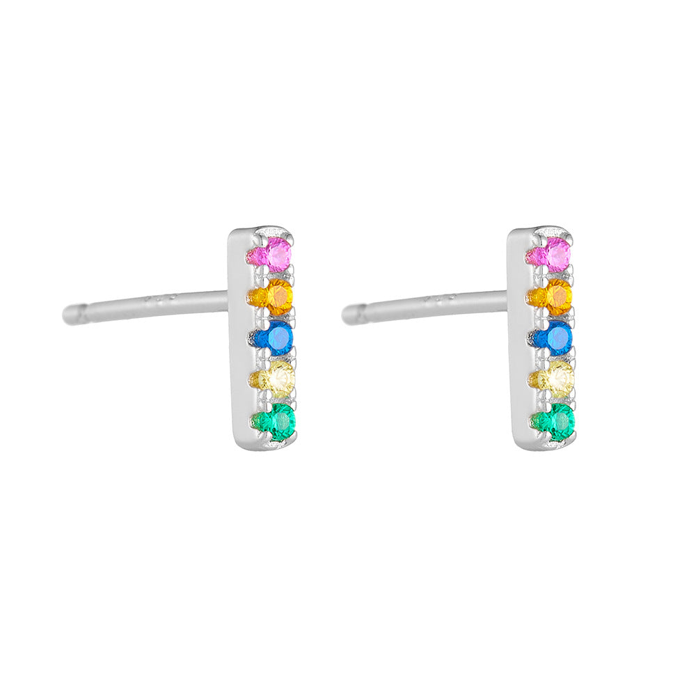 S925 Sterling Silver One-Shaped Micro-Inlaid Colored Zircon Stud Earrings And Square