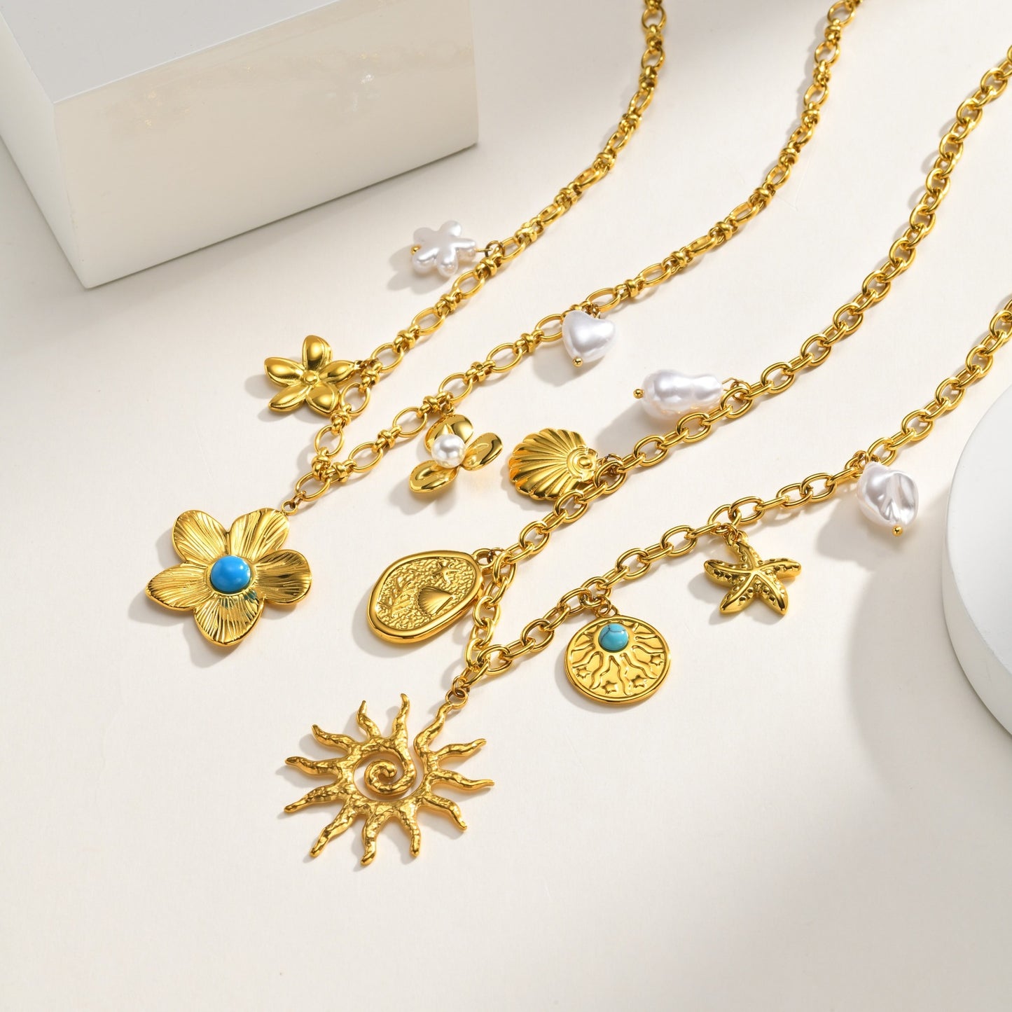 Stainless Steel Necklace Diy Ocean Wind Flower Imitation Pearl Necklace Gold