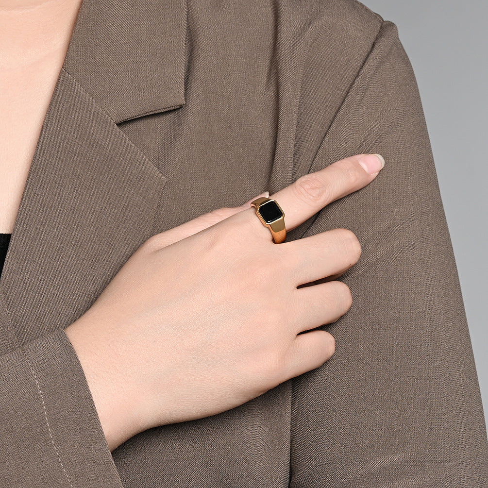 Black Gemstone Geometric Stainless Steel Ring