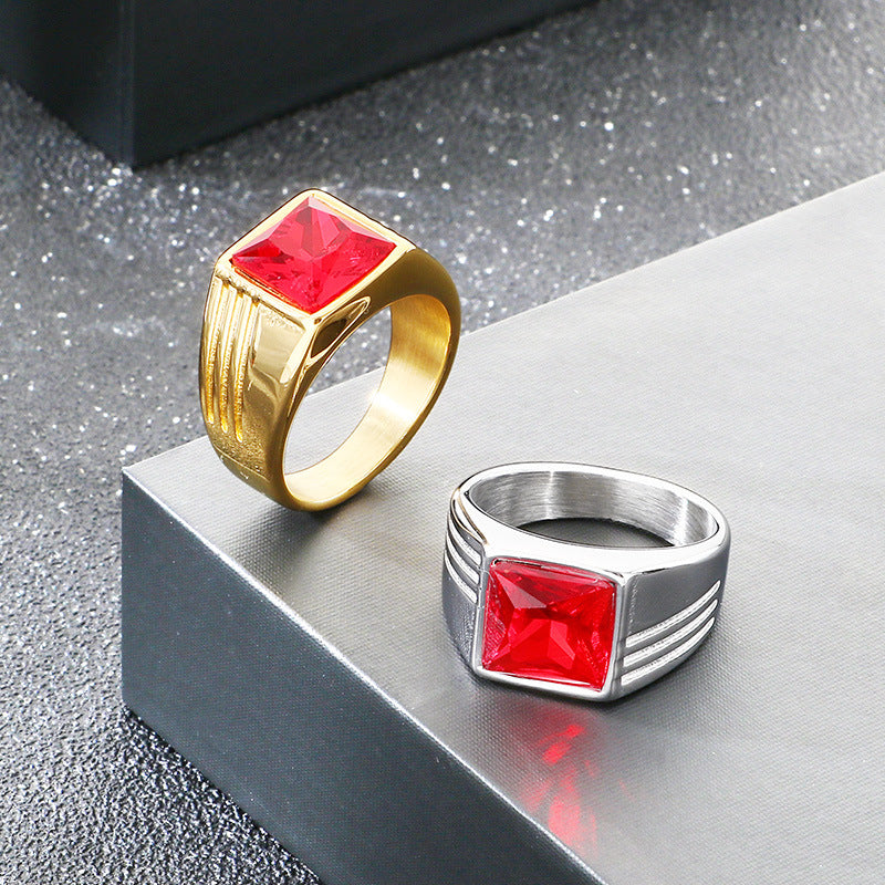 Popular Vacuum Electroplated Rings, Retro Square Red Gemstone Titanium Steel Trendy