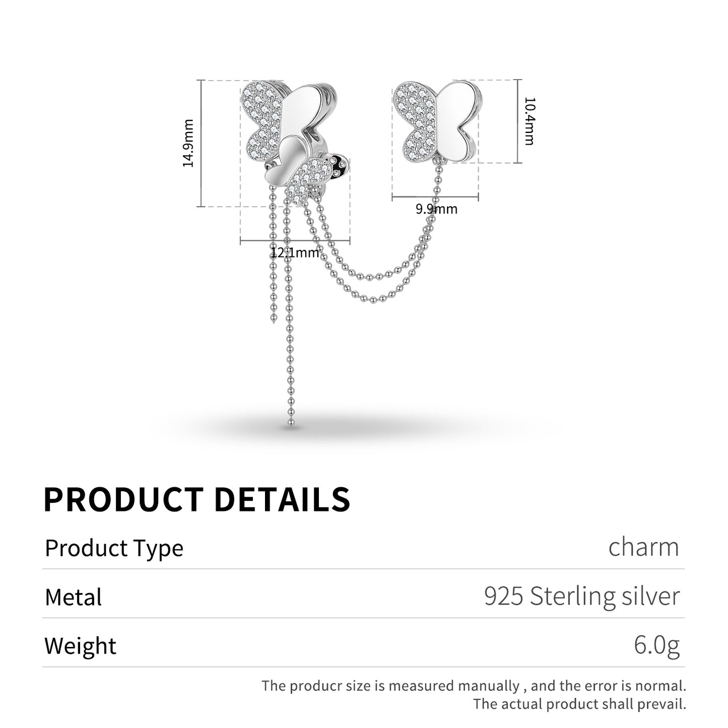 Planderful Jewelry Butterfly S925 Sterling Silver Beading Pendant Bracelet With White Zircon Inlay