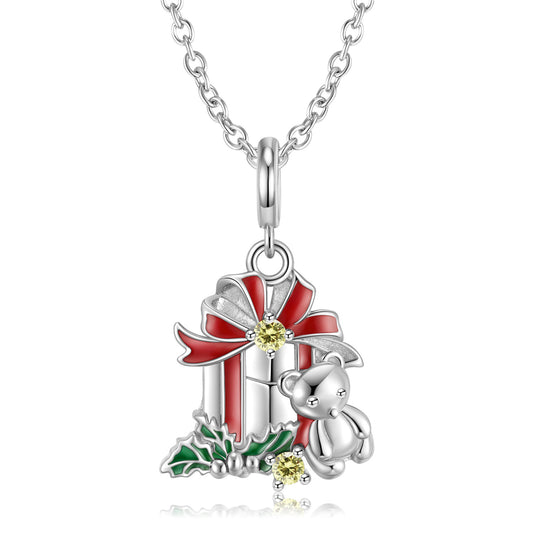 Christmas Little Bear Bell Pendant Silver Necklace