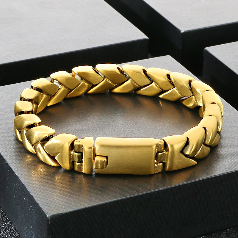 11mm Sand Surface – Vacuum Electroplating Staggered Layered Cuban Chain Titanium Steel Bracelet