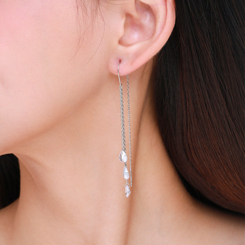 S925 Sterling Silver Long Tassel Water Drop Zircon Earrings