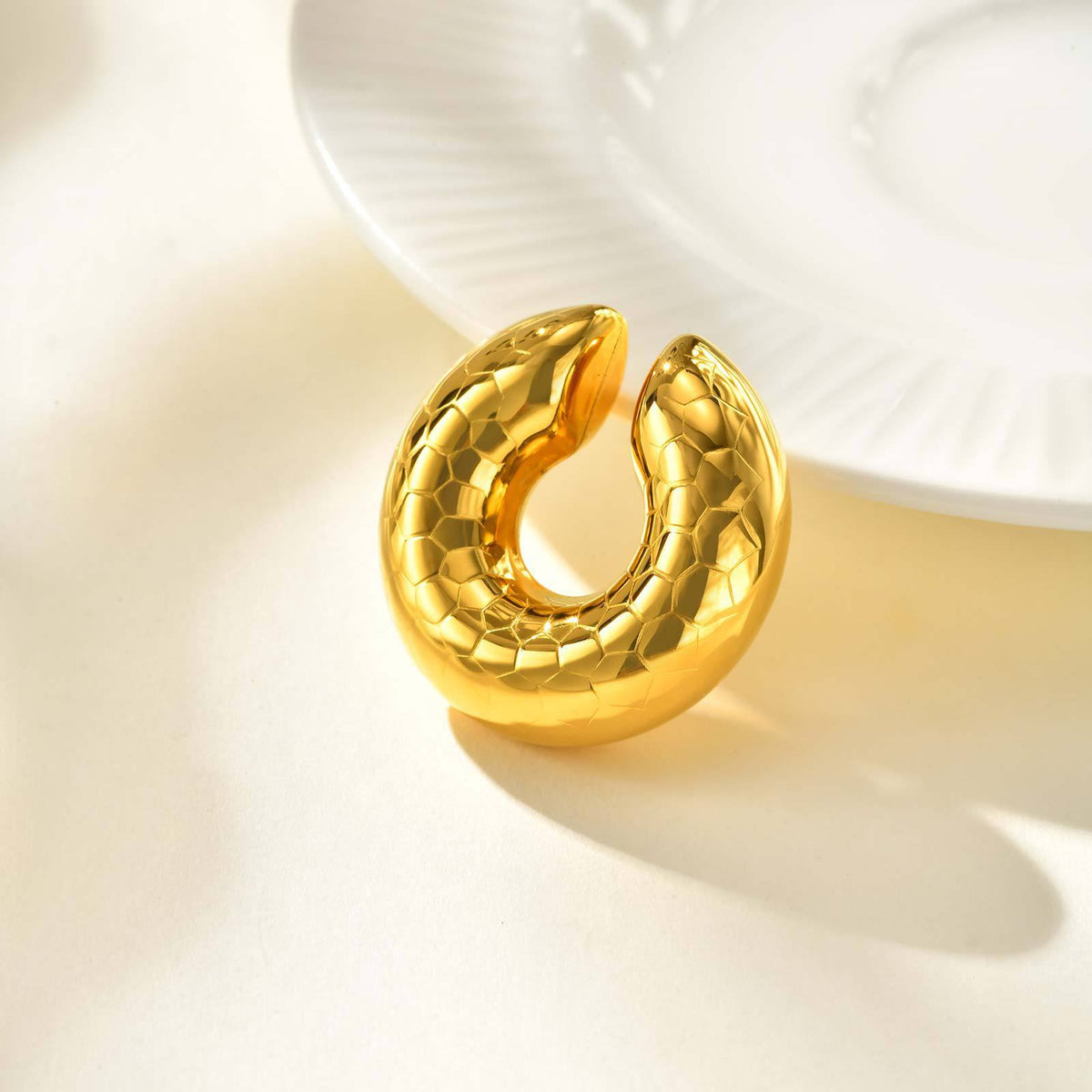 Gold-Tone Hammered Chunky Open Hoop Earring — Single