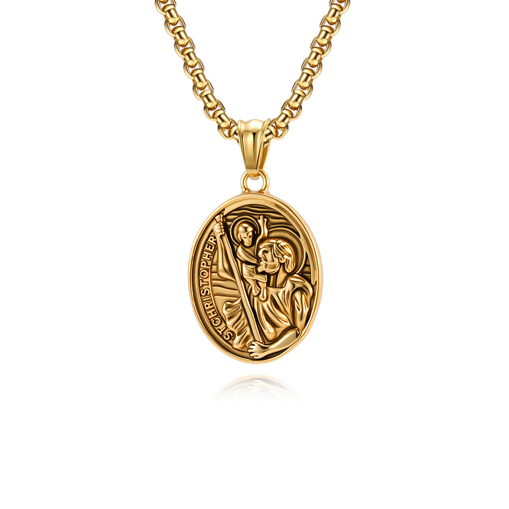 Planderful St Christopher Necklace For Men Titanium Steel Pendant Retro Literary Style Everyday Genie