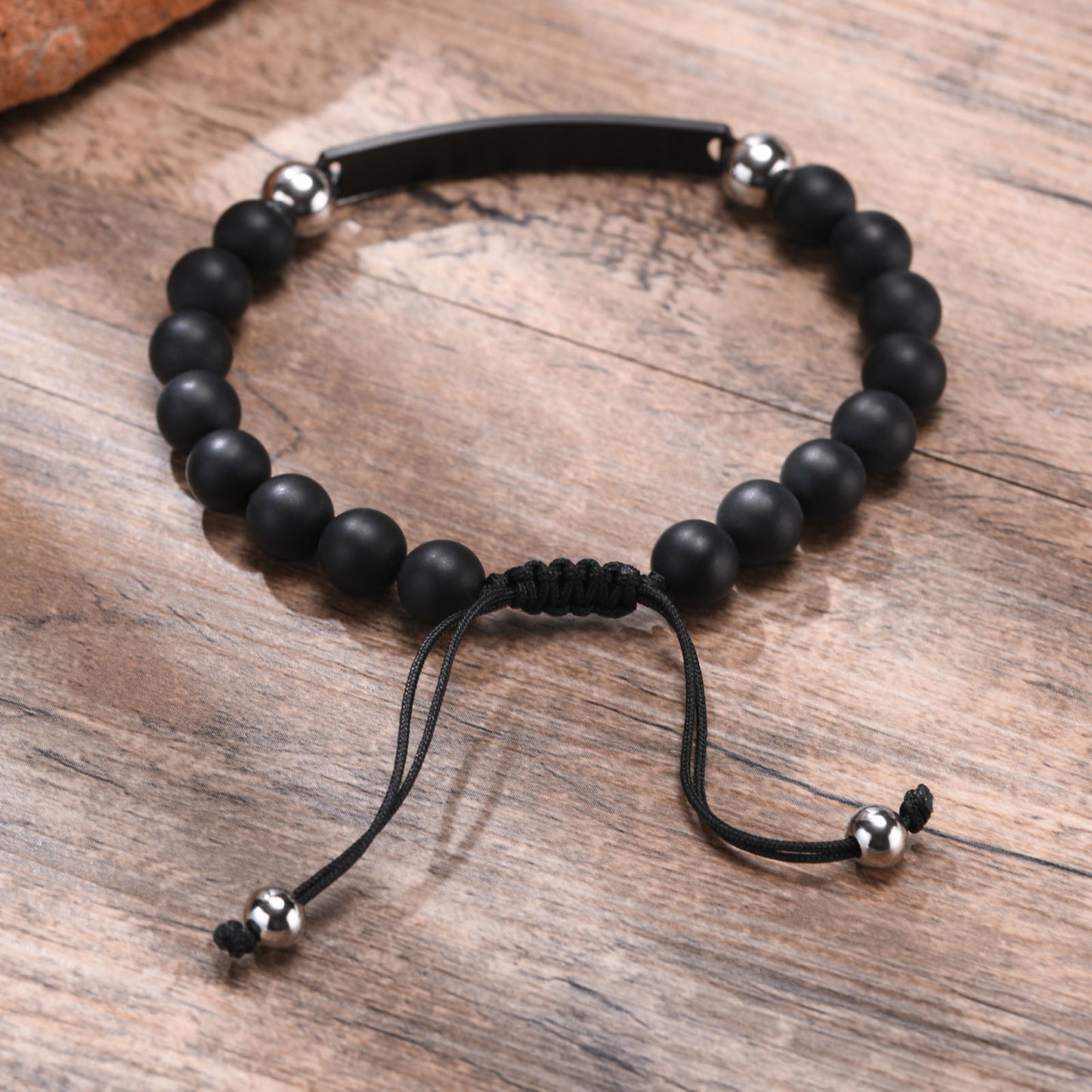 Stainless Steel Bent Matte Black Agate Beaded Hand Rope Men's Adjustable