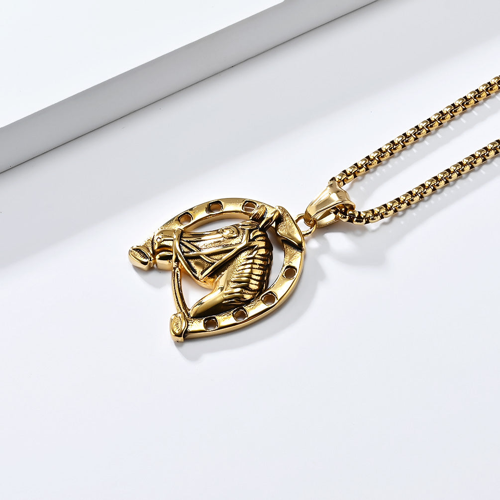 Cross-Border Retro Horseshoe Horse Head Titanium Steel Necklace