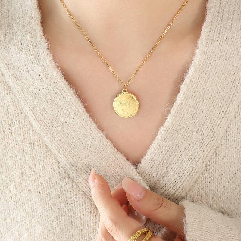 Golden Angelic Round Necklace - Women's Titanium Steel Collarbone Chain