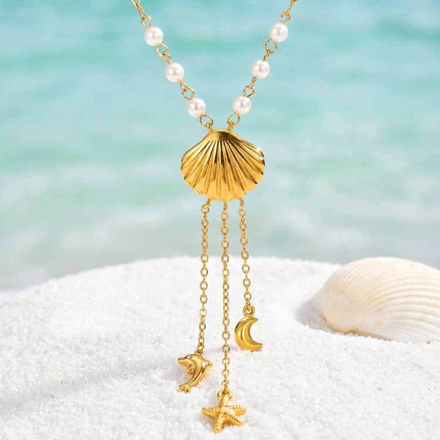 Summer Ocean Wind Stainless Steel Rectangular Chain Imitation Pearl Ocean Shell Fringed Necklace