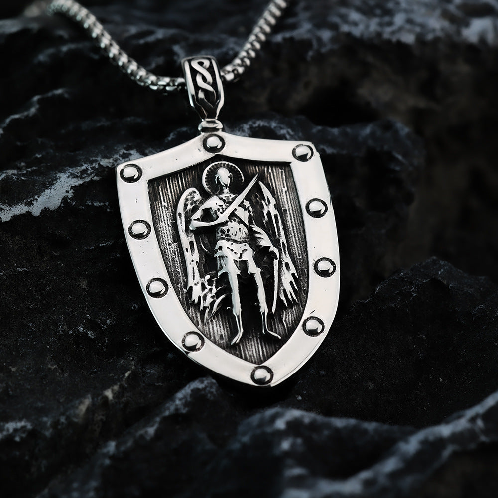 European And American Jewelry Titanium Steel Pendant Wholesale Men's Stainless Steel Necklace Retro Angel Shield Pattern