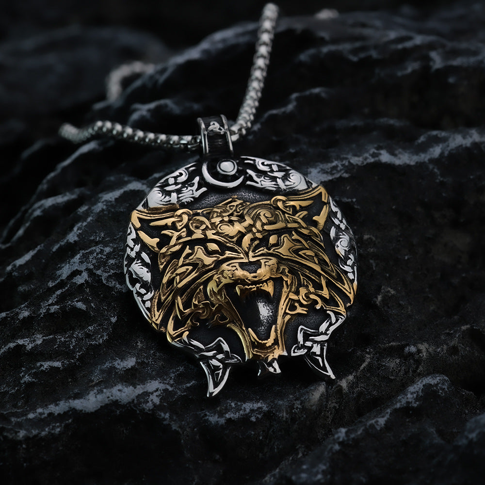 European And American Retro Stainless Steel Viking Wolf Head Necklace