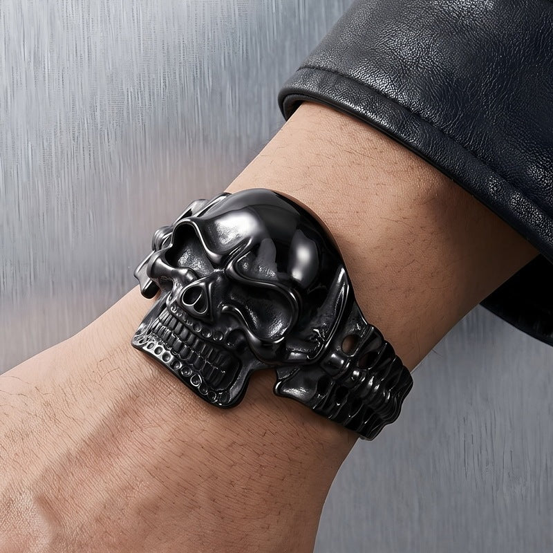 Punk Casting Three-Dimensional Skull Joint Titanium Steel Opening Bracelet Men's Dark