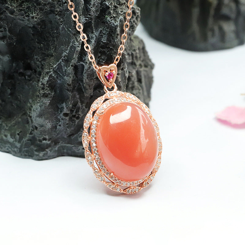 Pigeon Egg Agate Pendant with Double Zircon Halo Necklace