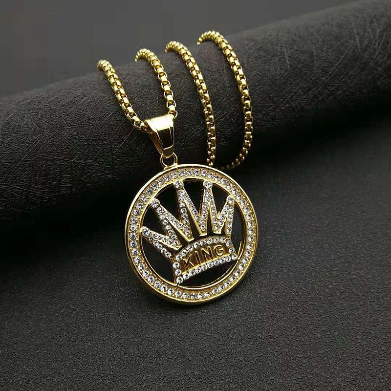 Planderful Hip Hop Crown Pendant Necklace Stainless Steel Gold Plated Rhinestones For Trendsetting Men