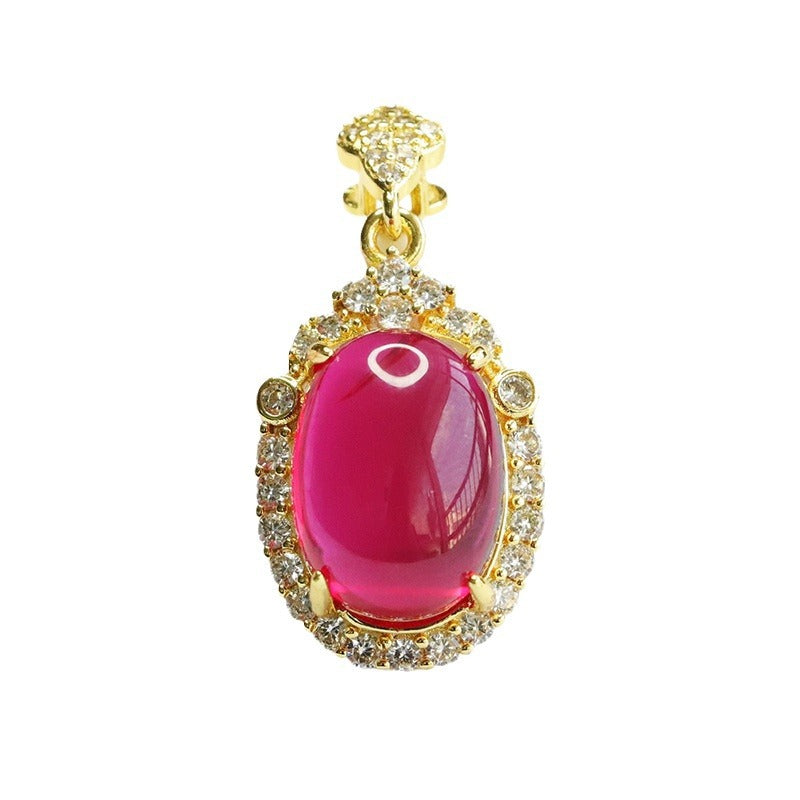 Lab-Grown Ruby Oval Zircon Halo Pendant — No Chain