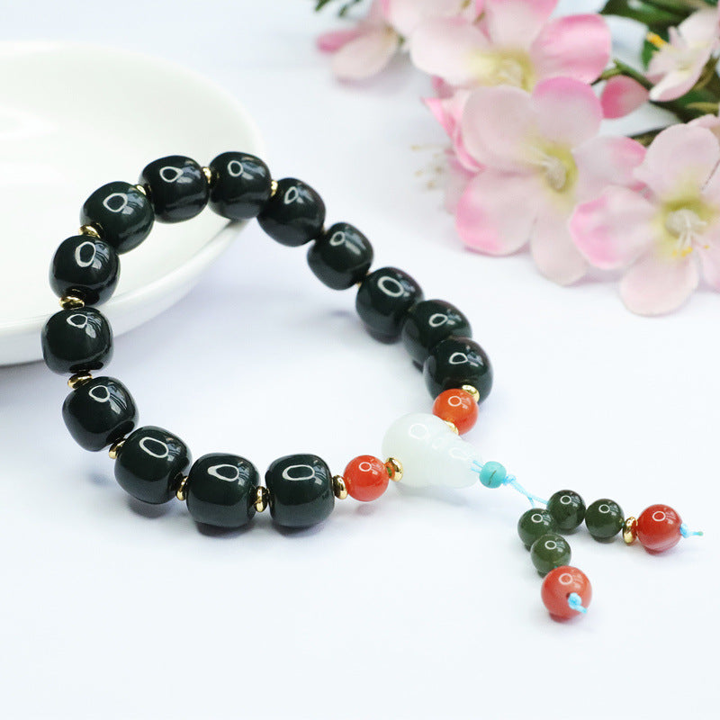 Dark Taqing Hetian Jade & White Agate Bracelet