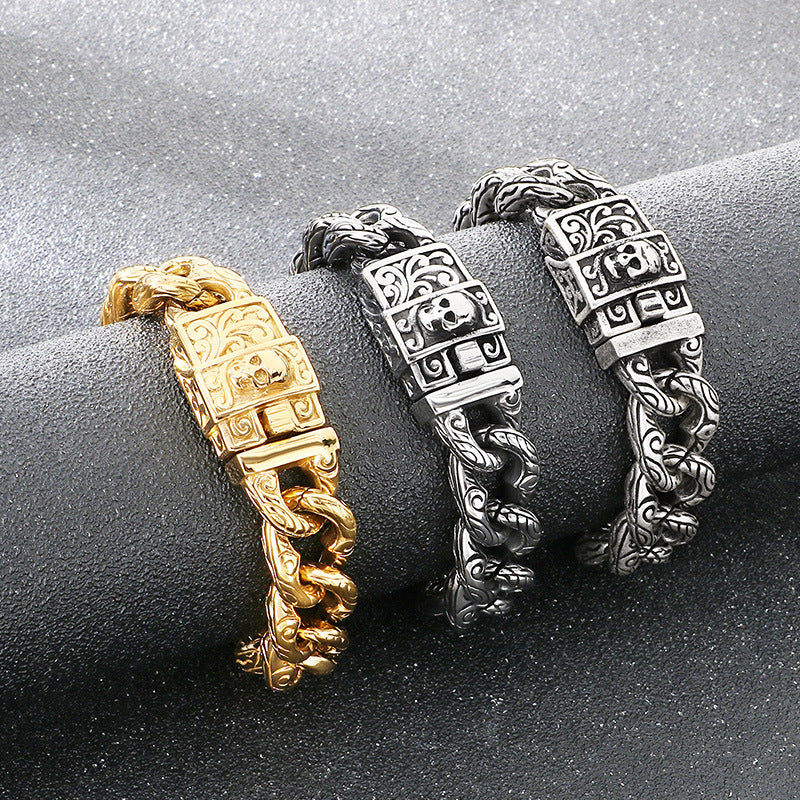 Dark Flower Pattern – Smearing Skull Buckle Cuban Chain Titanium Bracelet