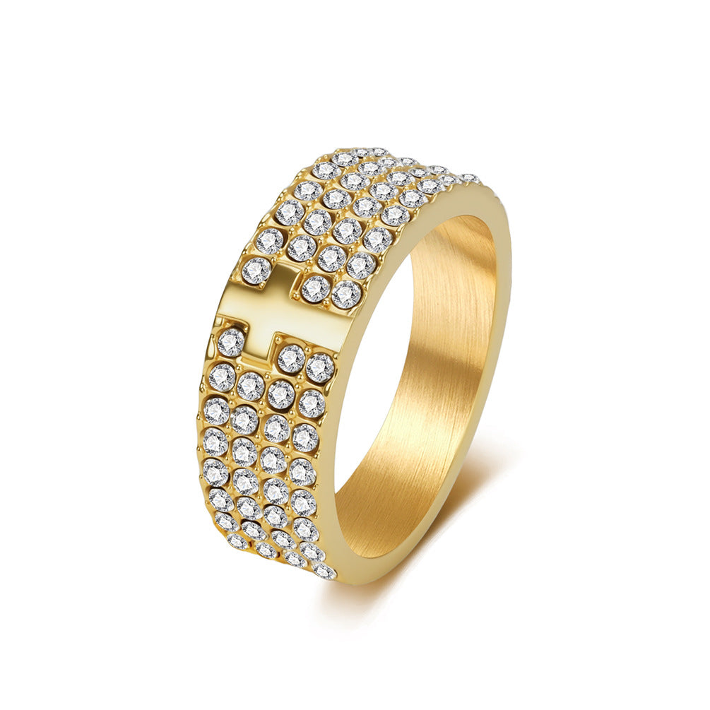 Full Zircon Cross Ring Stainless Steel Plated 18k Gold Men's Punk