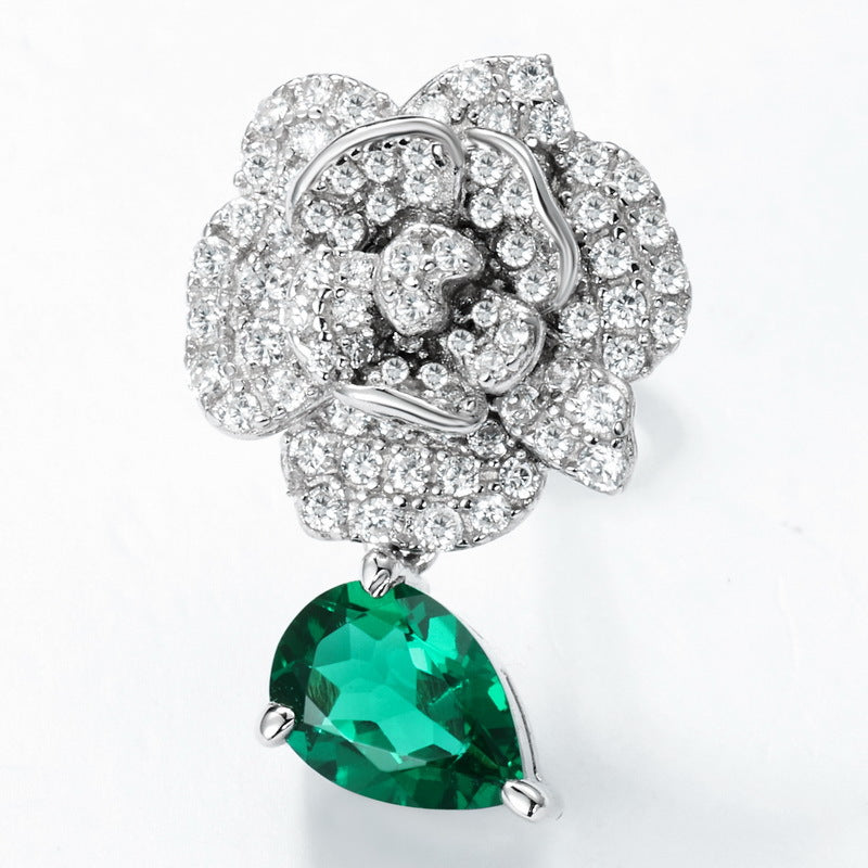 S925 Sterling Silver Lab-Grown Emerald Camellia Stud Earrings