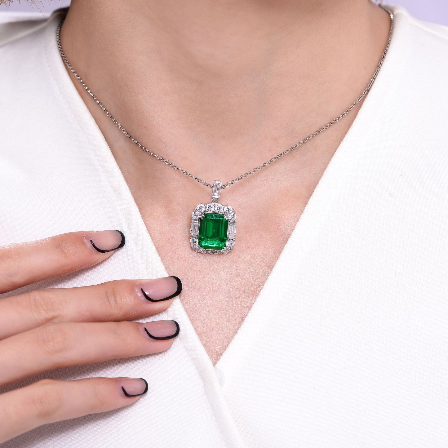 Halo 10 Carat Rectangle Synthetic Emerald Silver Necklace