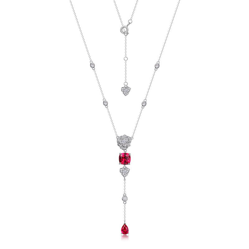 S925 Sterling Silver Lab-Grown Ruby Rose Necklace