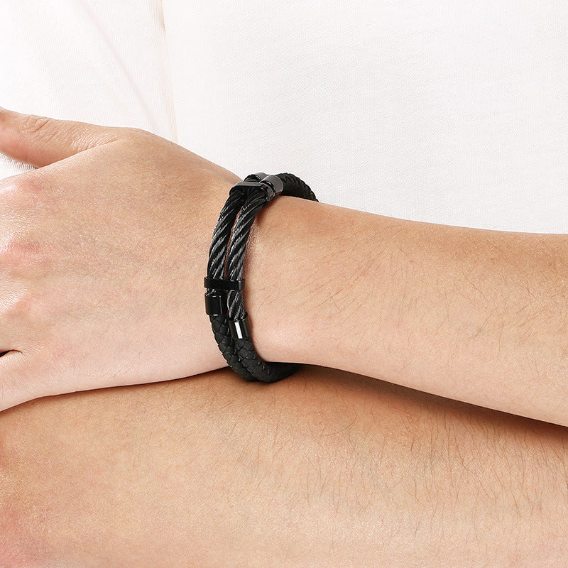 Business Style Black Double Leather Rope Leather Bracelet Layered Stainless Steel