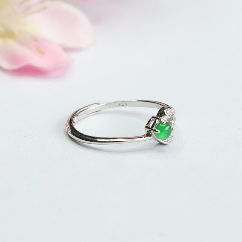 Love Hollow Ring with Natural Ice Emperor Green Jade in Sterling Silver