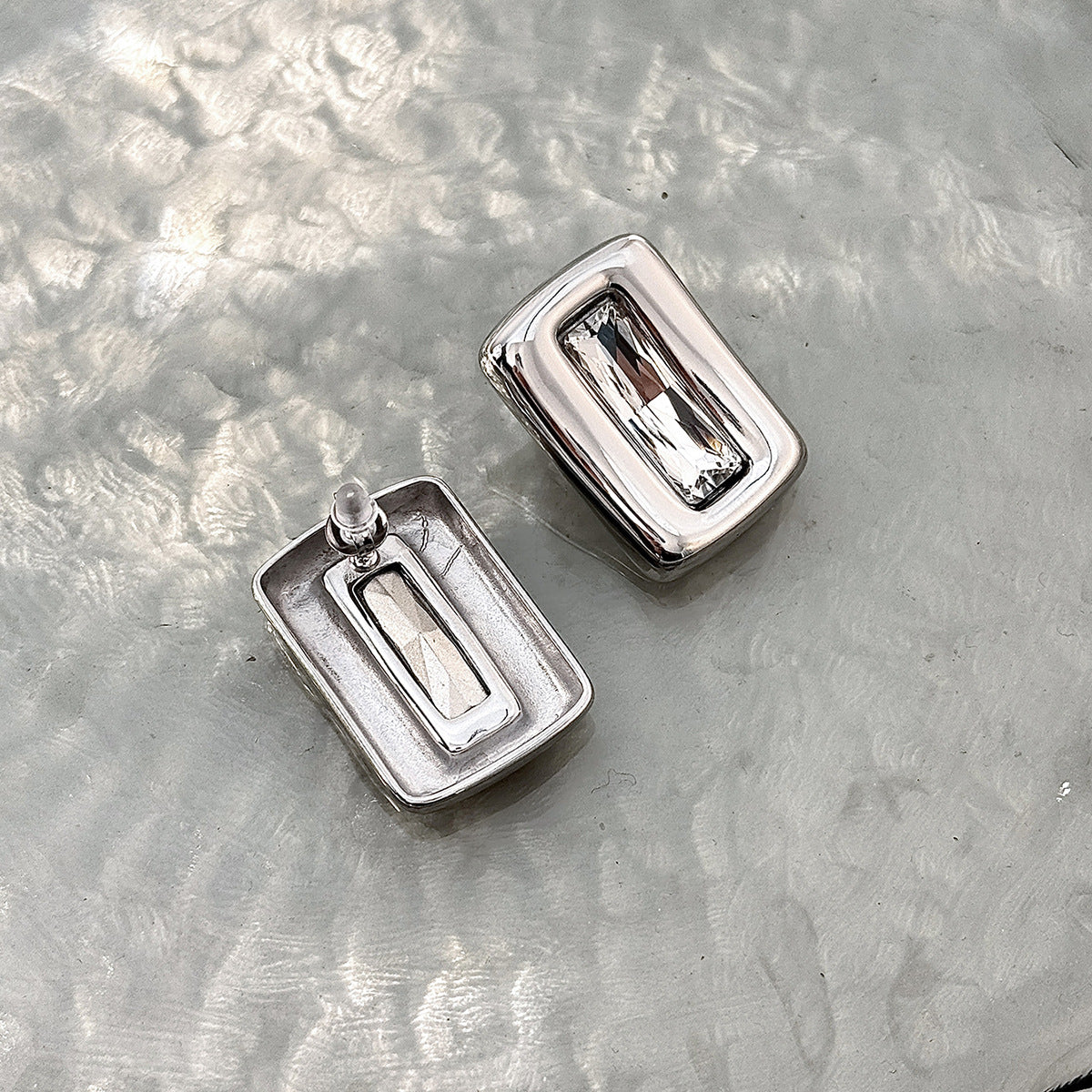 Stainless Steel Stud Earrings Retro Geometric Square Industrial Design Zircon Accent For Women By Planderful